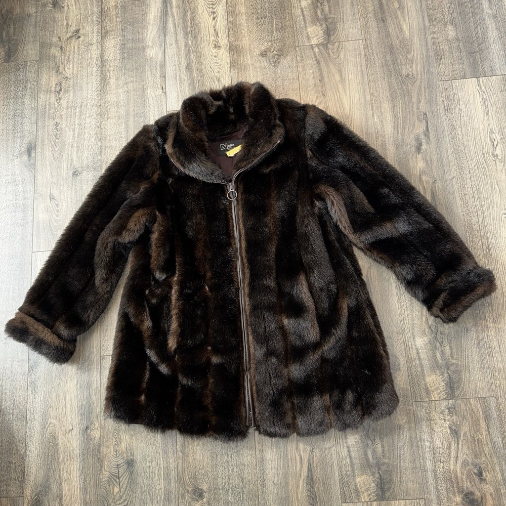 Vtg NANA Creations Women's M Brown Faux Fur Jacket Bomber Mink Mob Wife‎ Shaggy